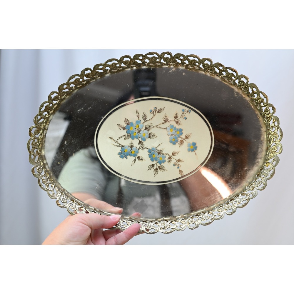 Vintage Mirrored Gold Vanity Tray Floral Blue Forget Me Not Filigree Ornate Oval